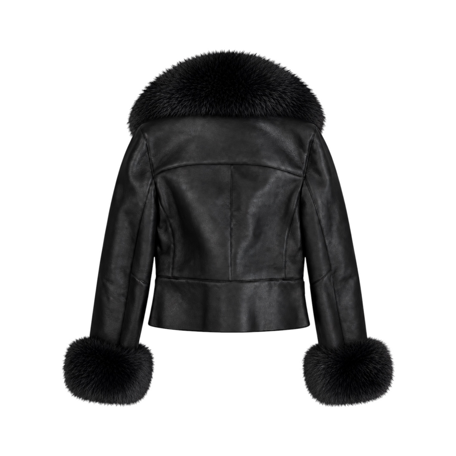 Cropped Leather Shearling with Fox Collar and Cuffs