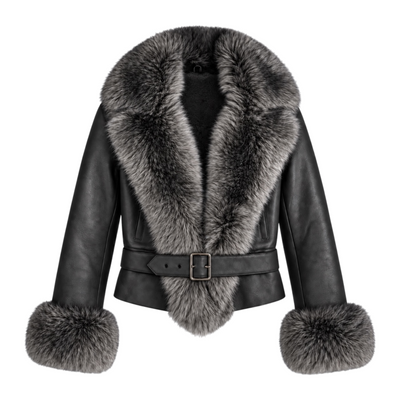 Leather Shearling with Long Fox Collar and Cuffs