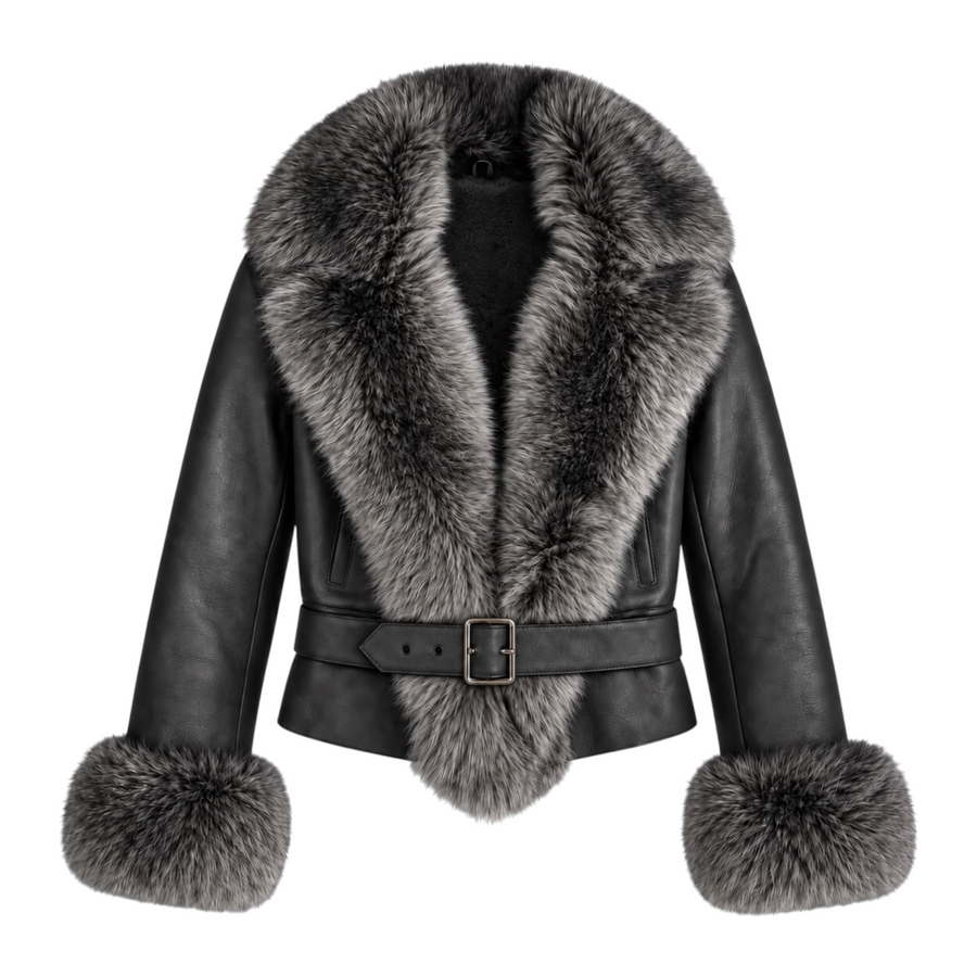 Leather Shearling with Long Fox Collar and Cuffs