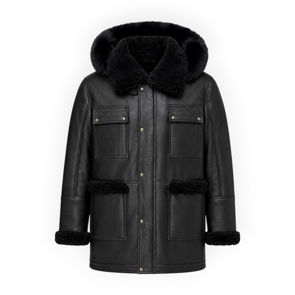 Black Shearling with Hood and Pockets