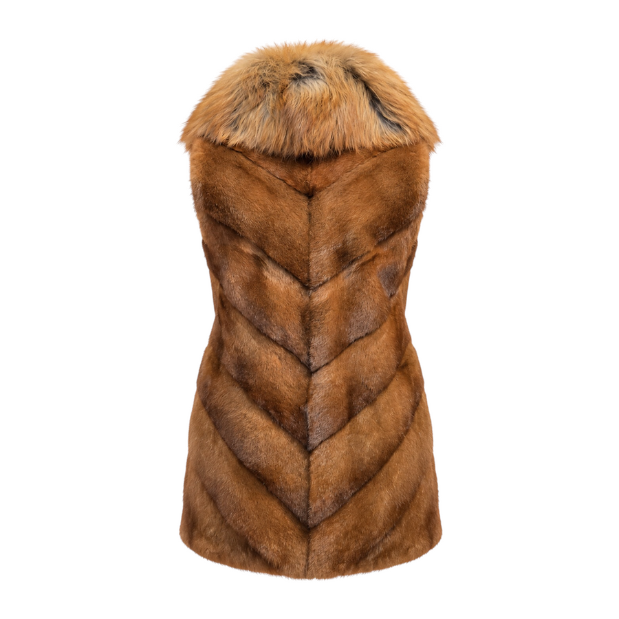 Chevron Cut Mink Vest with Fox Collar