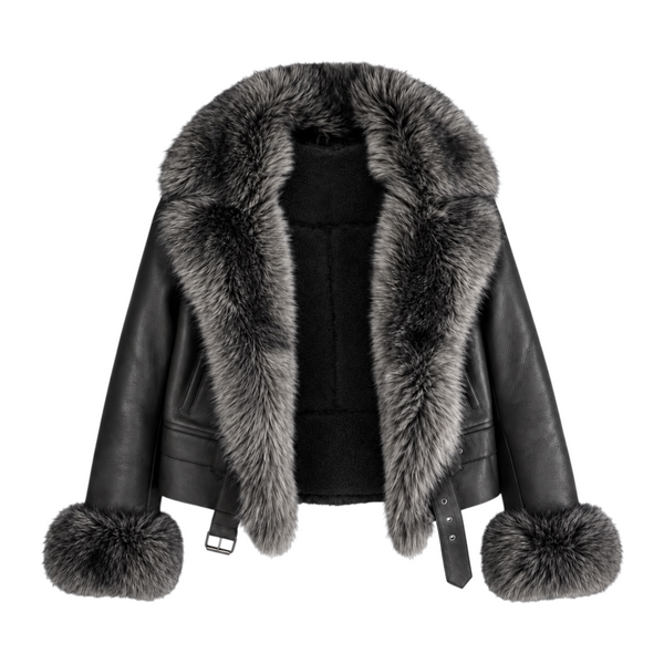 Leather Shearling with Long Fox Collar and Cuffs