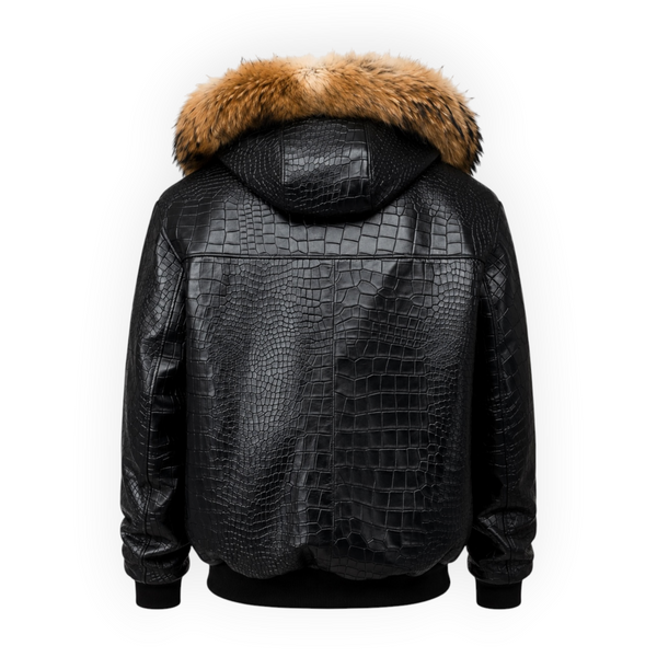 Crocodile Print Leather Bomber with Fox Trim Hood