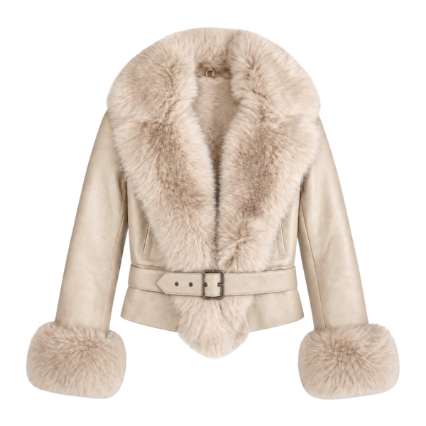 Leather Shearling with Long Fox Collar and Cuffs