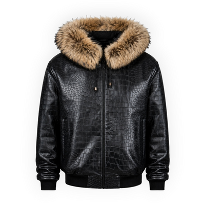 Crocodile Print Leather Bomber with Fox Trim Hood