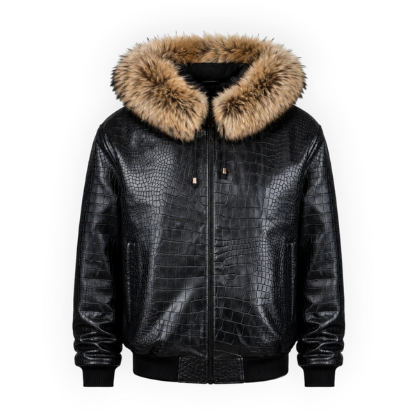 Crocodile Print Leather Bomber with Fox Trim Hood