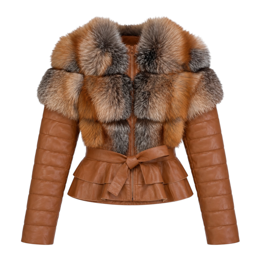 Cropped Leather Shearling with Crystal Fox Chest