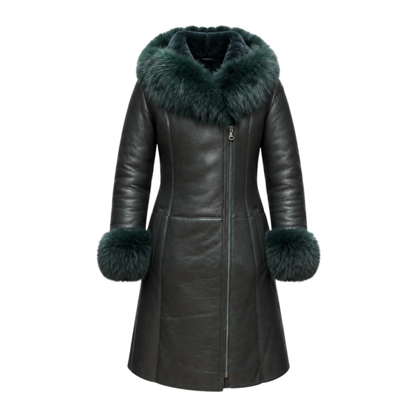 Green Shearling with Fox Hood and Cuffs