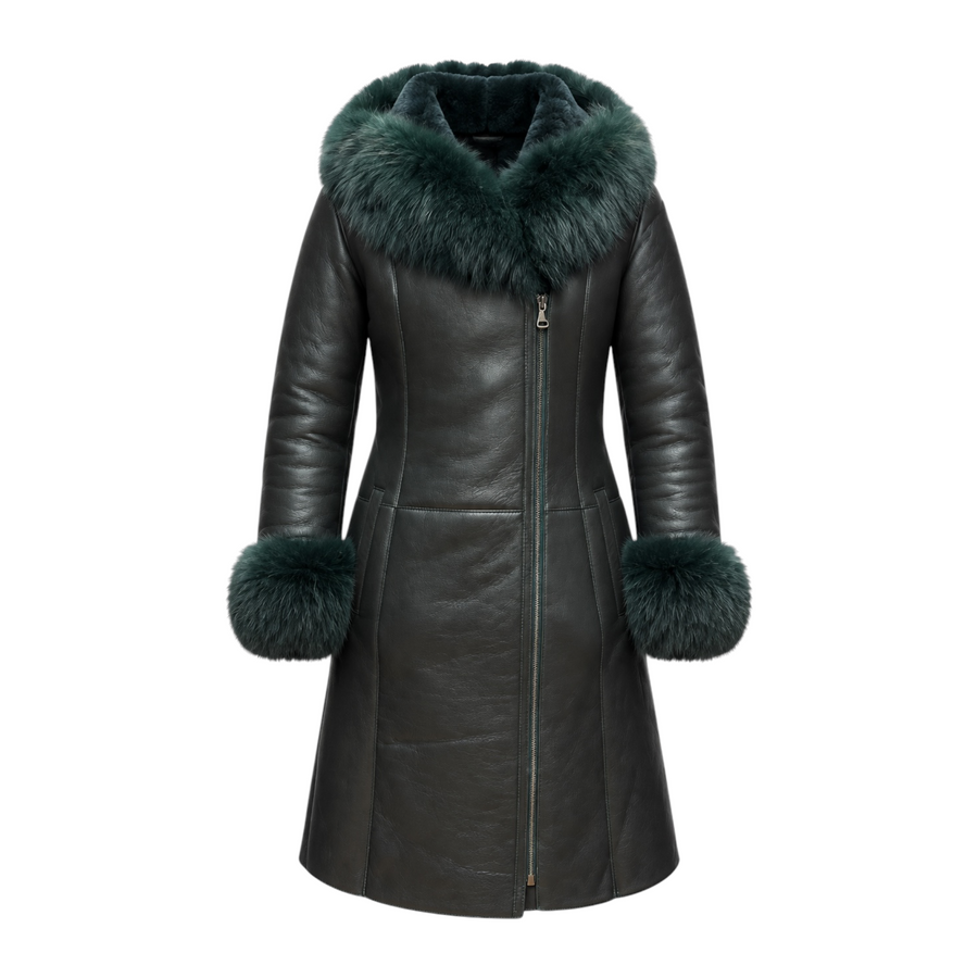 Green Shearling with Fox Hood and Cuffs