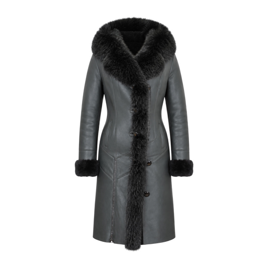 7/8 Green Shearling with Fox Hood and Middle Lining