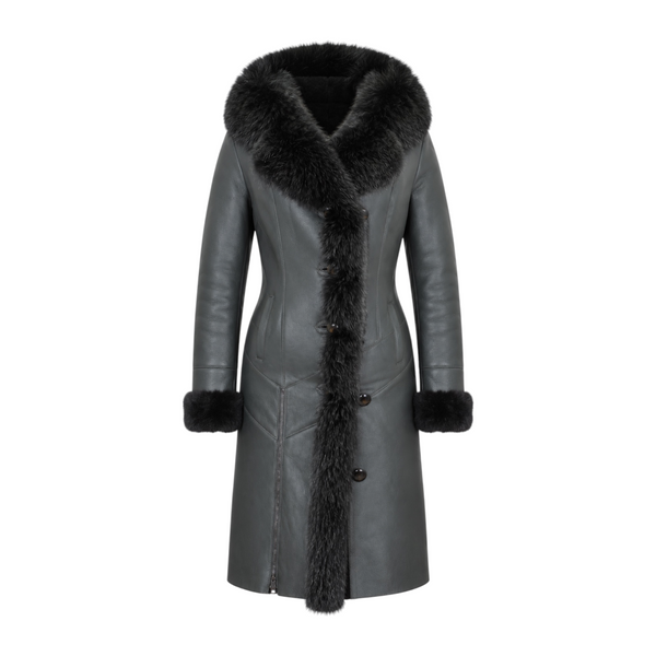 7/8 Green Shearling with Fox Hood and Middle Lining
