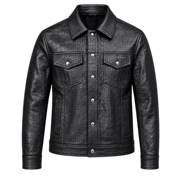Croc-Embossed Leather Trucker Jacket