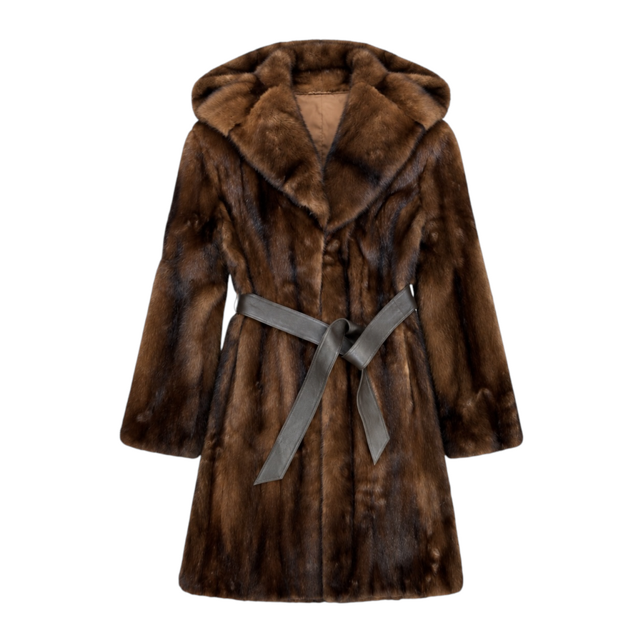 3/4 Two-Tone Combo Mink with Hood and Belt