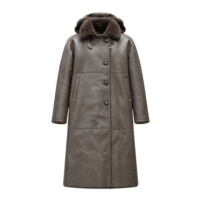 Brown Long Shearling Coat with Hood and Collar