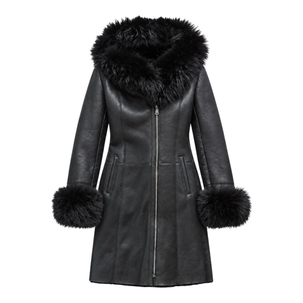 Black Shearling with Black Fox Hood and Cuffs