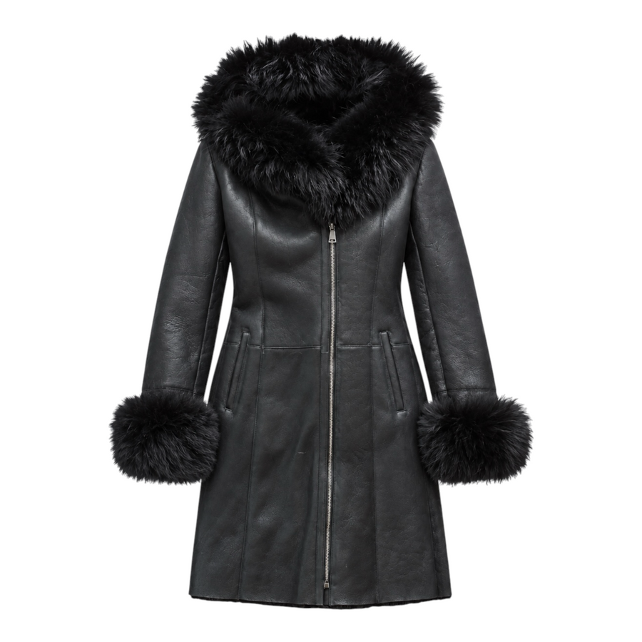 Black Shearling with Black Fox Hood and Cuffs