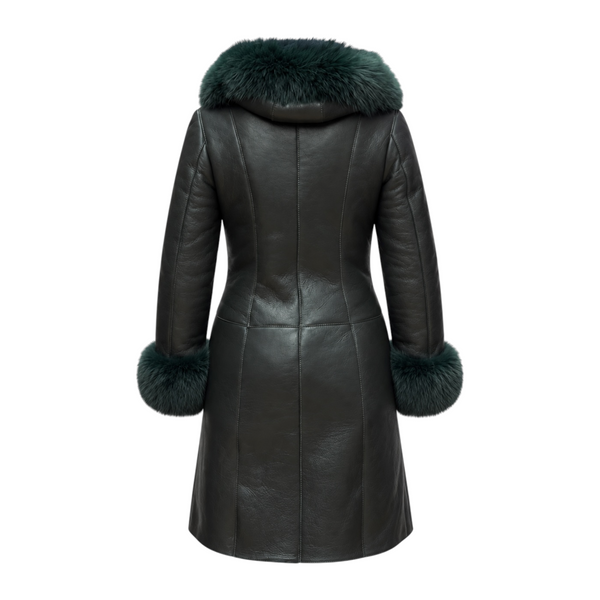Green Shearling with Fox Hood and Cuffs