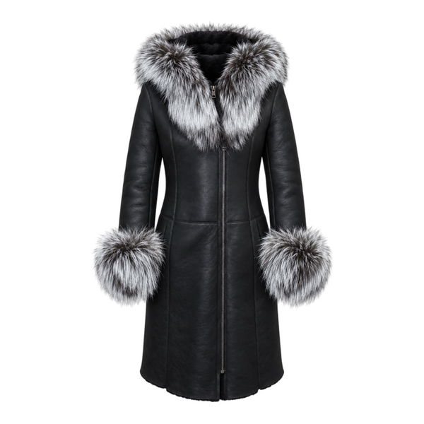 7/8 Black Shearling with Silver Fox Hood and Cuffs