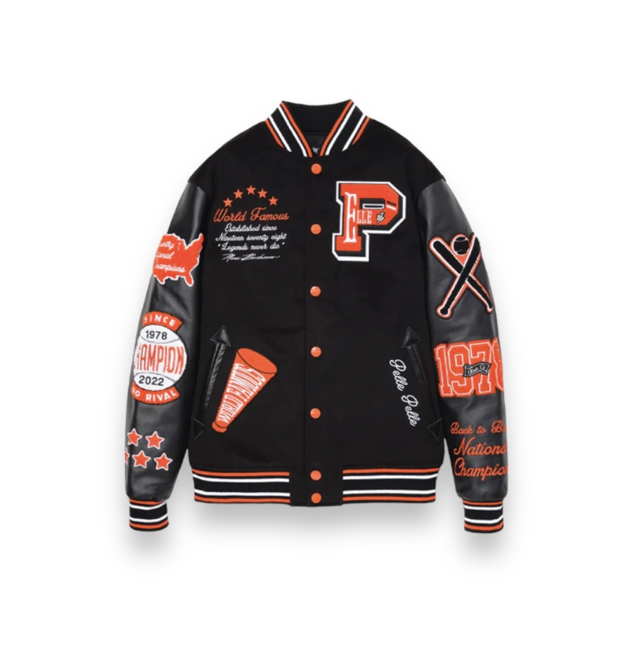 Black and Orange Pelle-Pelle Varsity Jacket - Daniel's Leather