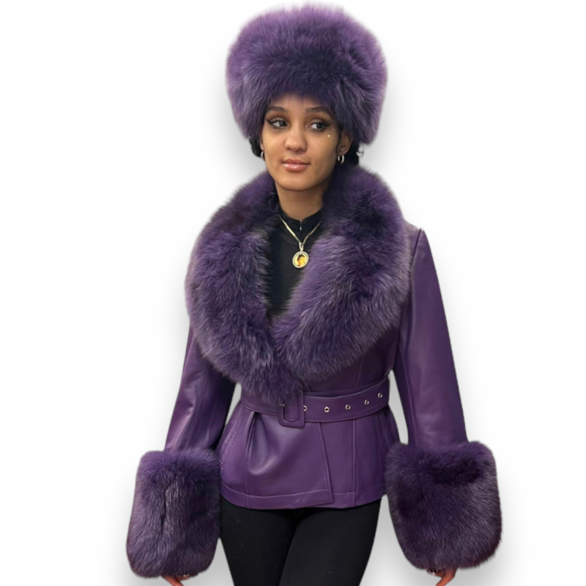 Leather with Fox Collar and Sleeve with Matching Hat