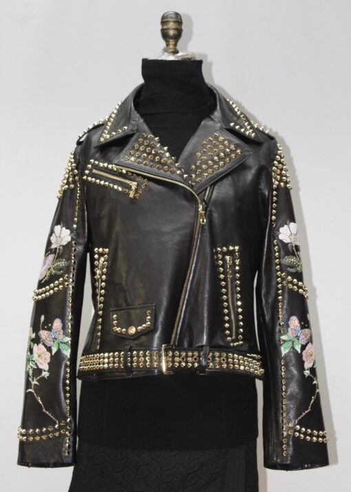 Black Studded Leather Jacket With Rhinestone Design - Daniel's Leather